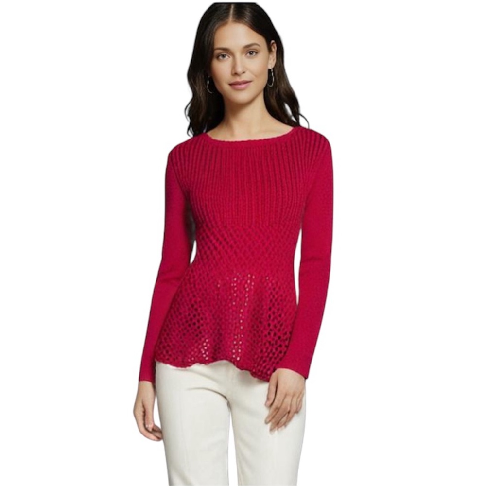 Guinevere Sweater Women Medium Knit Peplum Pointelle Preppy Holiday Christmas